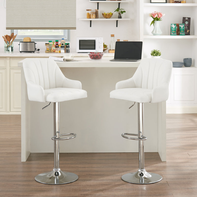 Wade Logan Aryelle Swivel Adjustable Kitchen Island Counter Height Bar Stools with PU Leather Set of 2 Upholstery White